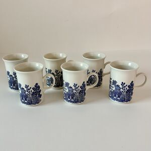 Set 6 Churchill Blue Willow- 4.25" Tall Mug Coffee Tea Cups Made in England EUC
